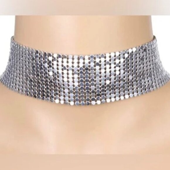 Women's Necklace Jewelry - Silver Mesh Metallic Choker Necklace Disco Party  Bold Glam Trendy Y2K New Years